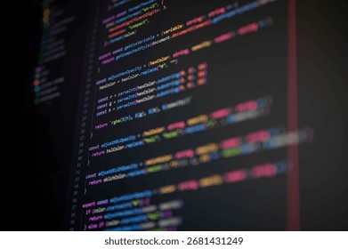 Close-up of colorful programming code showing hexColor, rgba, and adjustHSLOpacity functions, representing frontend development, UI design, software engineering, and digital technology background.