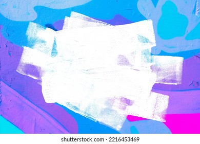 Closeup of colorful purple, pink, blue urban wall texture with white white paint stroke. Modern pattern for design. Creative urban city background. Grunge messy street style background with copy space