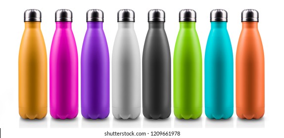 Close-up of colorful reusable, steel thermo water bottles, isolated on white background. Zero waste. Say no to plastic disposable bottle. Environment concept.