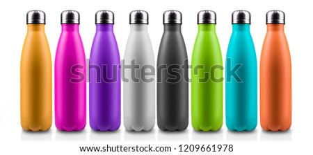 Close-up of colorful reusable, steel thermo water bottles, isolated on white background. Zero waste. Say no to plastic disposable bottle. Environment concept.