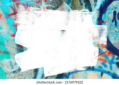 Closeup of colorful teal, gray and red urban wall texture with white white paint stroke. Modern pattern for design. Creative urban city background. Grunge messy street style background with copy space
