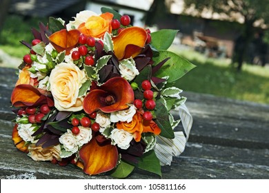 Closeup of a colorful wedding bouquet outdoors