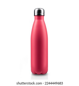 Close-up of colourful steel thermo water bottle of color of the year, 2023, Viva Magenta, isolated on white background.