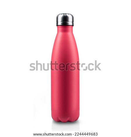 Close-up of colourful steel thermo water bottle of color of the year, 2023, Viva Magenta, isolated on white background.