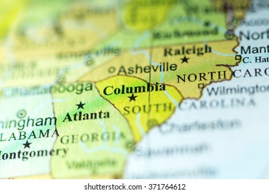 Closeup Of Columbia, South Carolina On A Political Map Of USA.