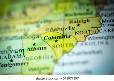 Closeup Of Columbia, South Carolina On A Political Map Of USA.