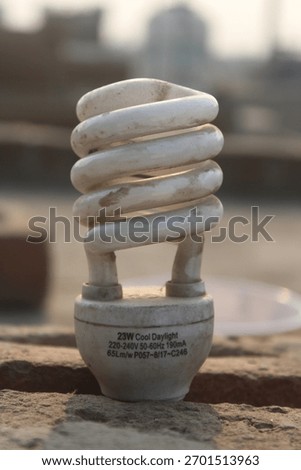 A close-up of a compact fluorescent light (CFL) bulb placed outdoors in natural light. Represents energy efficiency, sustainability, and modern lighting technology.