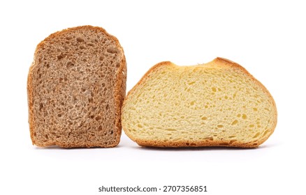 Close-up comparison of two bread slices: one whole wheat and one white bread, both cut to show texture, crumb structure, and color differences. Isolated on a white background.