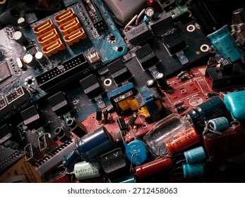 Close-up of Complex Electronic Circuitry and Components