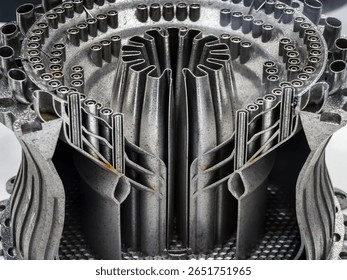 Close-up of a complex metal structure produced through 3D printing, illustrating fine details and precision in the additive manufacturing process, emphasizing innovation and technology.