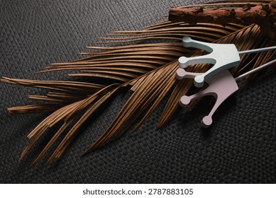 Close-up composition featuring two stylized crown-shaped objects, one light blue and one light pink, placed on dried brown palm leaves. A textured piece of wood lies above the leaves, while the background consists of a dark woven surface. The arrangement highlights the interplay of natural and crafted materials, contrasting organic and geometric shapes.