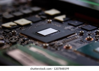 Closeup of computer graphics chip GPU inside a laptop