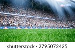 Close-up computer graphics of raindrops falling over wet football grass field in stadium.