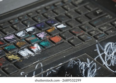 Close-up of a computer keyboard, covered in various colors and markings