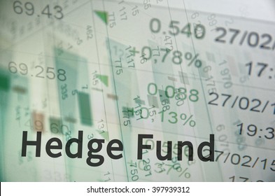 Close-up computer monitor with trading software and inscription Hedge fund.