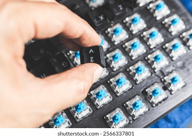 Closeup computer PC keyboard mechanical key under keycaps button for cleaning or change type of key