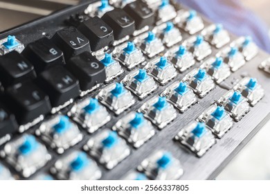 Closeup computer PC keyboard mechanical key under keycaps button for cleaning or change type of key