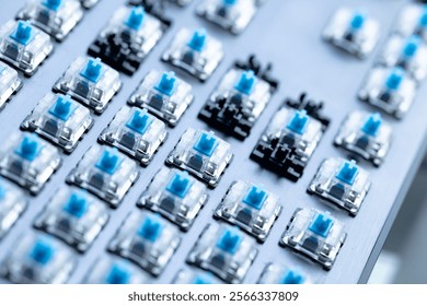 Closeup computer PC keyboard mechanical key under keycaps button for cleaning or change type of key