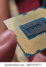 Close-up of a computer processor chip held between a person's fingers, showing the underside with gold contact pins and electronic components.