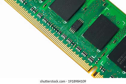 Close-up, computer random access memory (RAM), system memory computer detail, high resolution, isolated on white background.Selective focus.