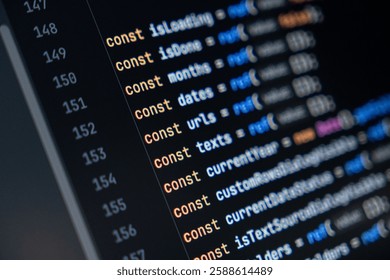close-up of computer screen with colorful javascript code, focus on const keyword, software development and programming