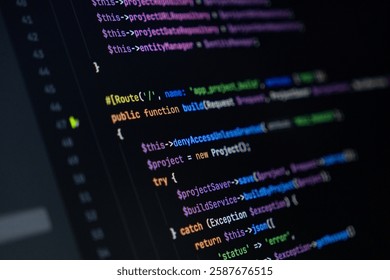 close-up of computer screen with colorful php code, focus on route and function keywords, backend development and programming