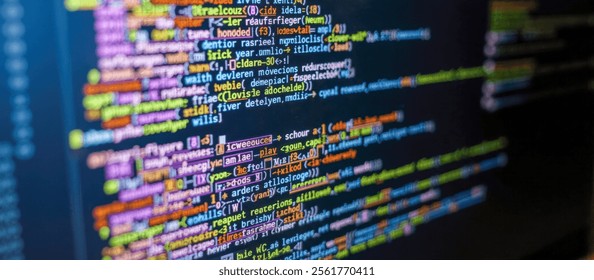 Close-up of computer screen displaying colorful programming code, highlighting syntax, software development, coding, debugging, IT, web development, lines of code, software engineering