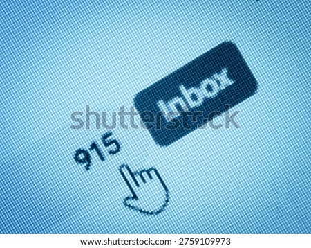 Close-up of a computer screen displaying an email inbox notification with 915 unread messages and a pointing cursor, evoking digital communication, alert overload, notifications, productivity and user interface design.