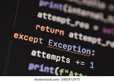 Close-up of a computer screen showing programming code with exception handling.