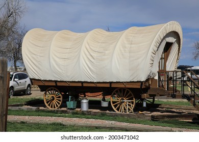 Closeup of Conestoga wagon for camping at Strasburg ,Colorado KOA. May7, 2021.