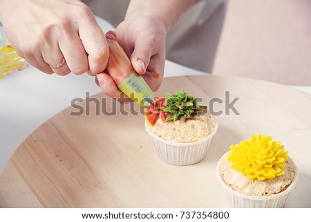 A close-up of a confectioner woman decorates with confectionery syringe cupcakes  from natural products  a sweet cream of green bean curd: berries and low-fat cheese. Dietary Vegan Creamcakes