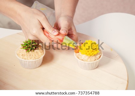 A close-up of a confectioner's woman decorates with a pastry syringe  a cupcake made from natural products with a sweet cream of yellow color from green tea. Dietary Vegan Creamcakes