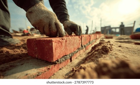 Close-up of a construction worker's gloved hands carefully placing a brick onto a wall with wet mortar, symbolizing building and craftsmanship.