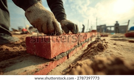 Close-up of a construction worker's gloved hands carefully placing a brick onto a wall with wet mortar, symbolizing building and craftsmanship.