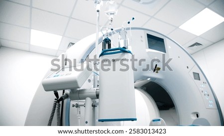 Close-up of a contrast agent before diagnostics in a CT room. The concept of using innovative technologies for accurate vascular examinations and disease diagnostics.