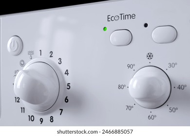 Close-up of the control panel of a washing machine. Selective focus on the eco selector. Conceptual image of saving water and natural resources.