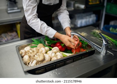 Close-up of cook washing vegetables in sink in commercial kitchen. - Powered by Shutterstock