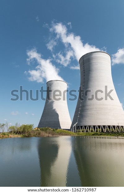 closeup\
of the cooling towers in an electric power\
plant