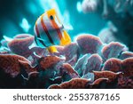 A closeup of a copperband butterflyfish in an aquarium with a blurry background