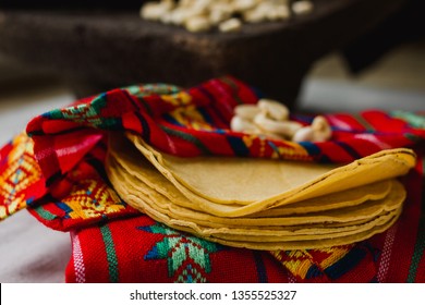 Close-up Of Corn Tortillas On A Mexican Tortillero. Colorful Mexico Food