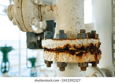Close-up of corroded steel pipe, corrosion of steel, general corrosion, offshore petroleum pipelines.