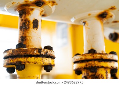 Close-up of corroded steel pipe, corrosion of steel, general corrosion, offshore petroleum pipelines.
