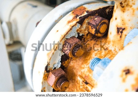 Close-up of corroded steel pipe, corrosion and valve of steel, general corrosion, offshore petroleum pipelines.