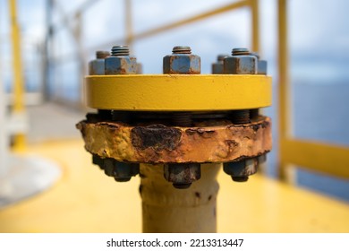 Close-up of corroded steel pipe flange, corrosion of steel, general corrosion, offshore petroleum pipelines.