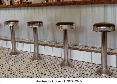 Close-up Of Counter Stools At A Classic New England Diner In A Small Town In Vermont.