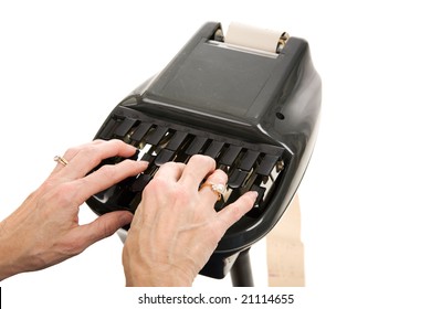 Closeup Of A Court Reporters Hands Typing On A Stenography Machine.  Isolated On White Background.