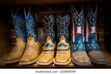 A Closeup Of Cowboy Boots Decorated With The American Flag On Sale In Shops In Downtown Nashville, Tennessee