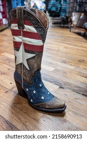 A Closeup Of Cowboy Boots Decorated With The American Flag On Sale In Shops In Downtown Nashville, Tennessee