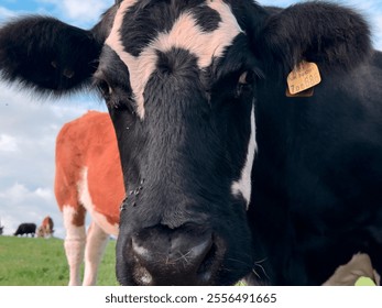 Close-up of cows grazing in a lush green field on a sunny day, with rolling hills and cloudy skies in the background - Powered by Shutterstock