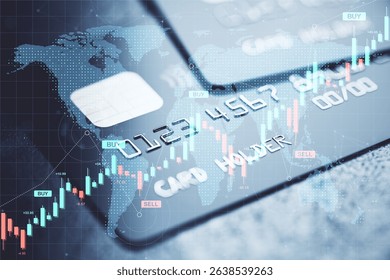 Closeup of a credit card with forex candlestick charts, financial data and global map in soft blur background, symbolizing digital trade economy